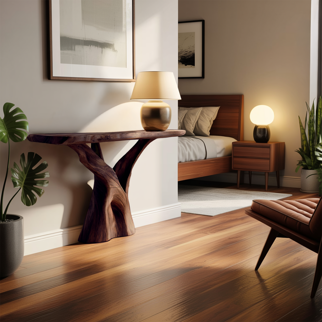 Mid Century Solid Wood Console Table Organic Form For Furniture Decor