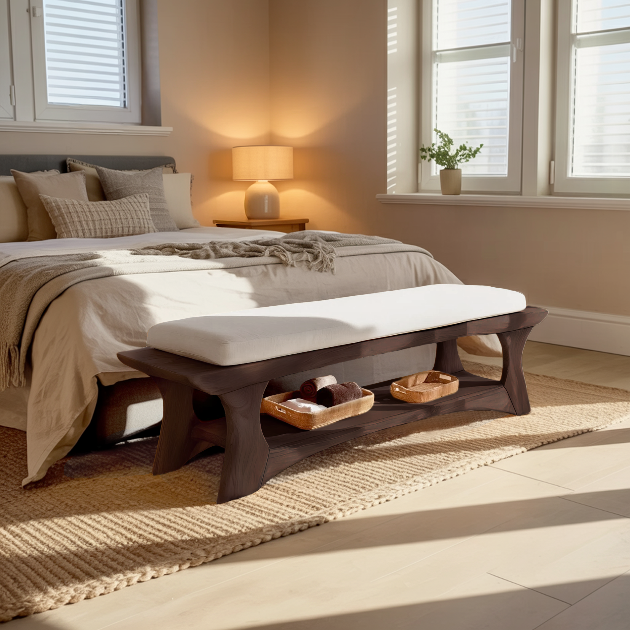 Minimalist Curved Wood Bench For End-of-Bed Design