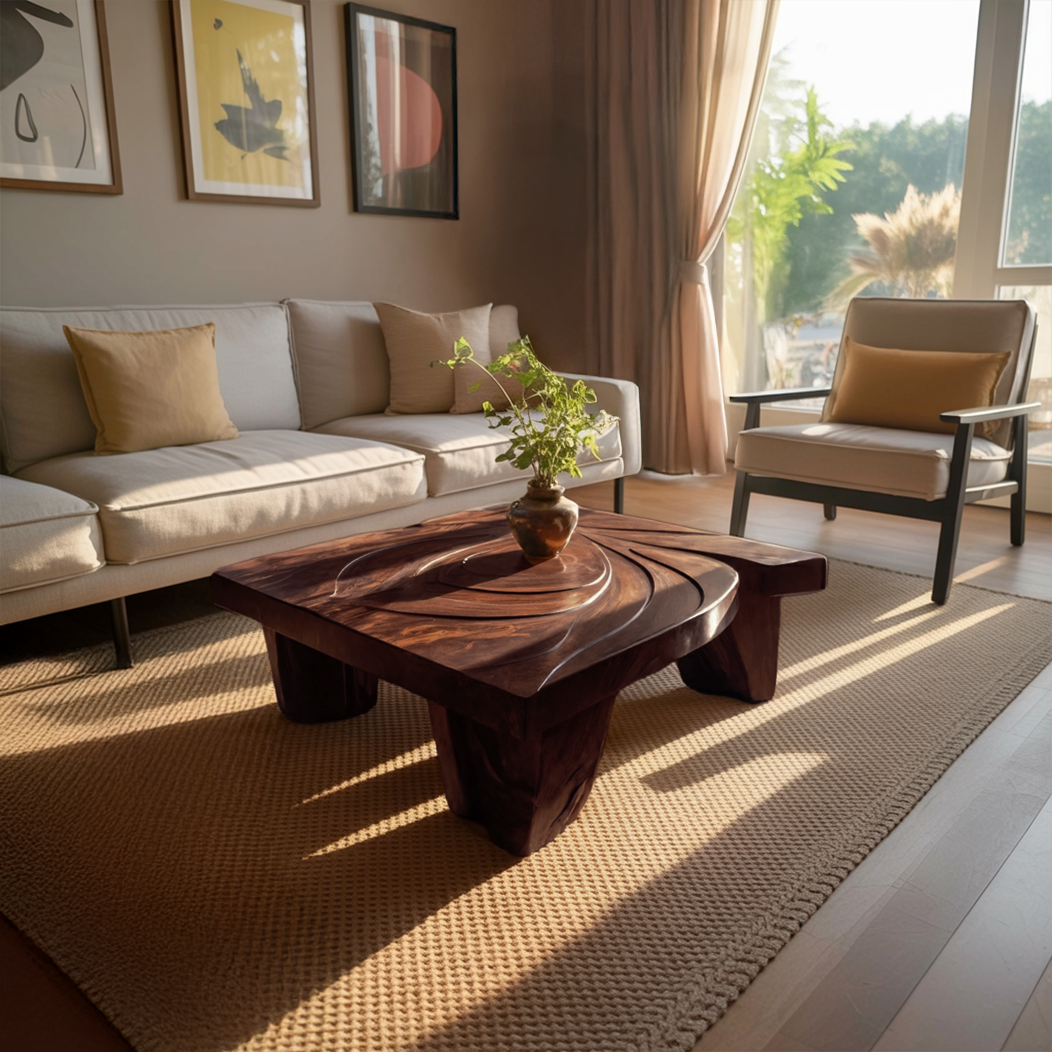 Mid Century Abstract Solid Wood Coffee Table For Living Room