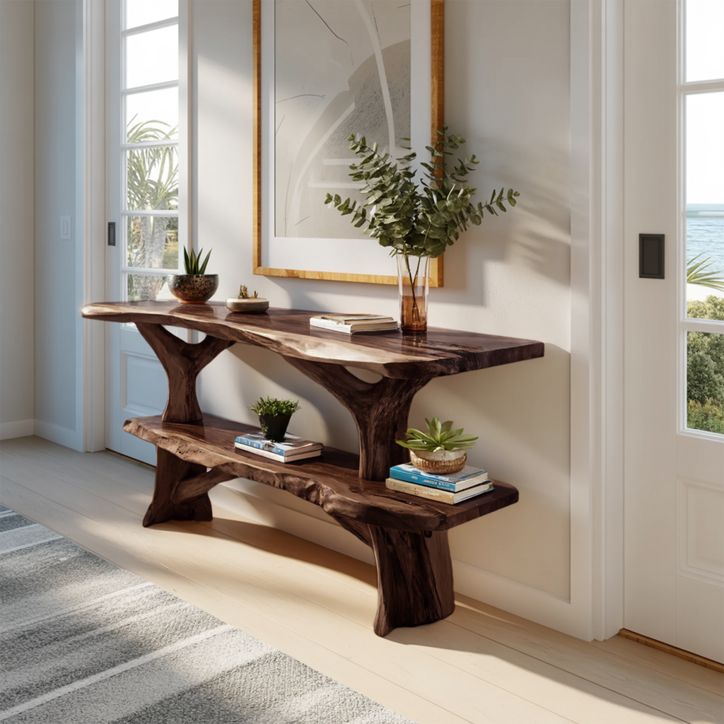 Mid Century Wooden Live Edge Console Table For Apartment Living Room