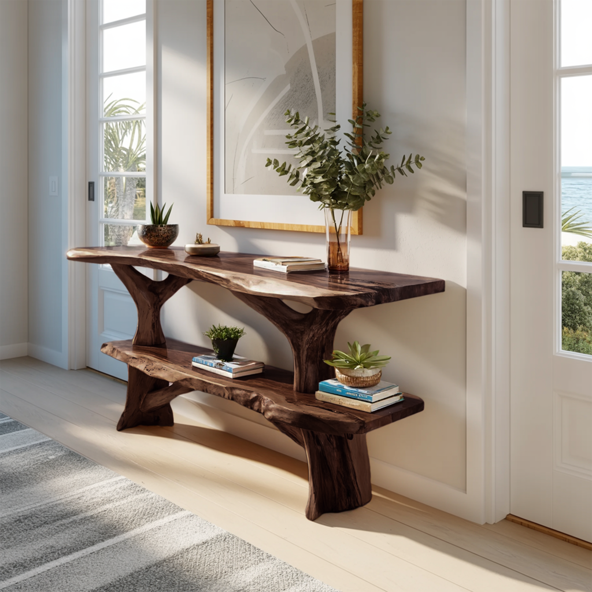 Mid Century Wooden Live Edge Console Table For Apartment Living Room