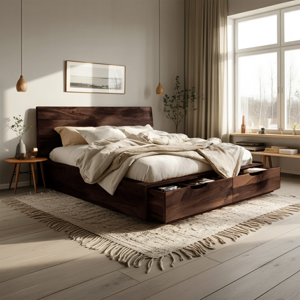 Contemporary Bed And Built-In Drawers For Bedroom
