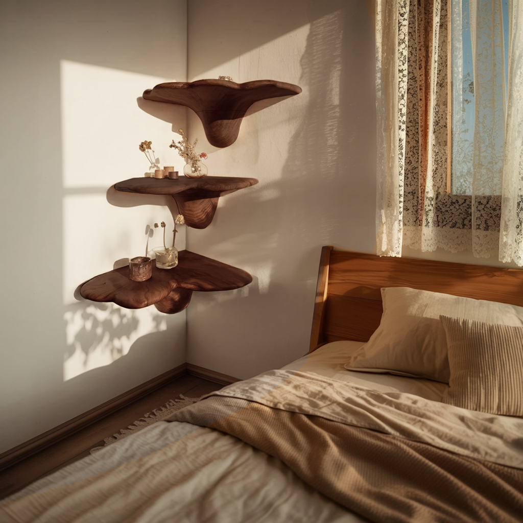 Handcrafted Solid Wood Mushroom Shelf For Bedroom Interior Decor