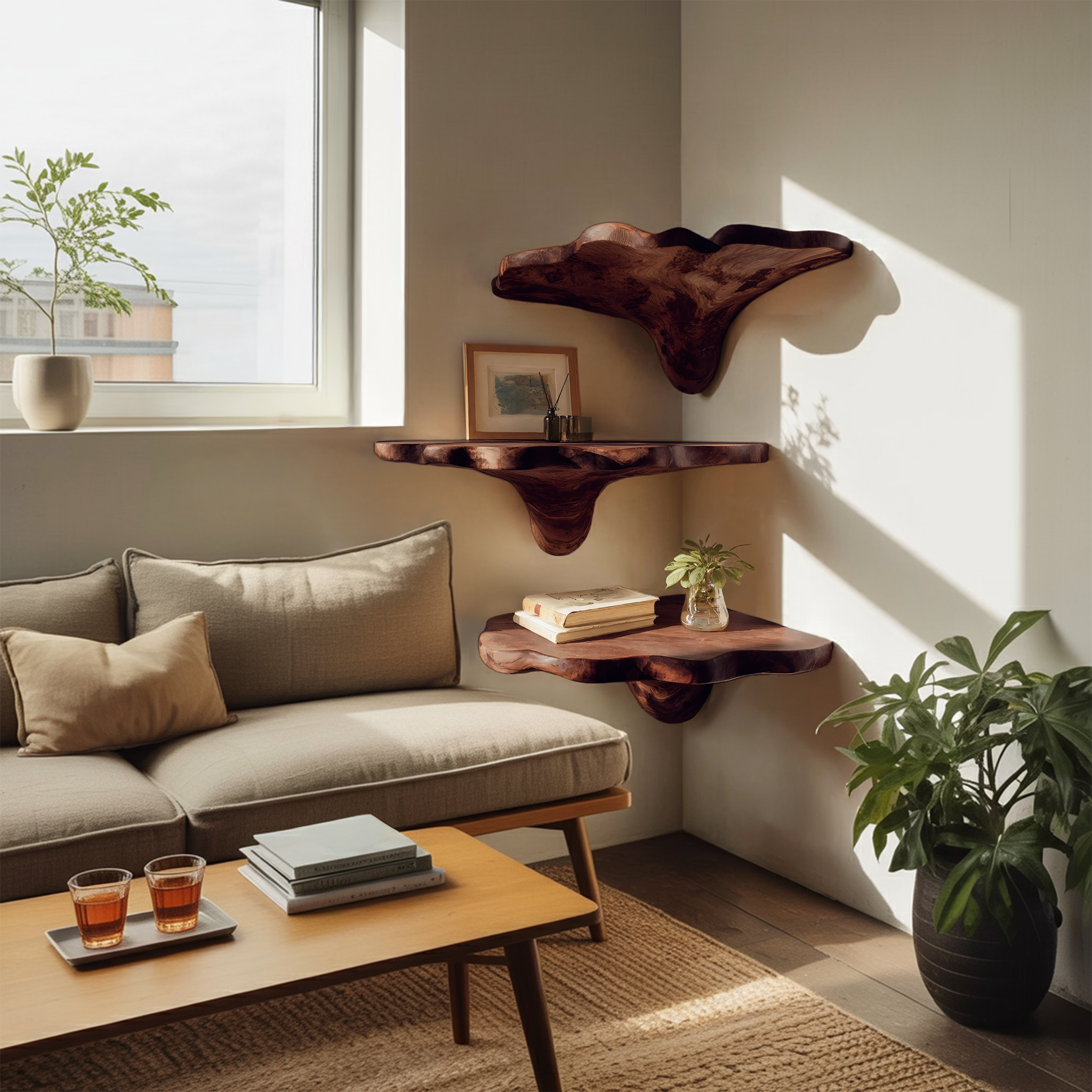 Handcrafted Wooden Live Edge Mushroom Shelf For Entryway Design