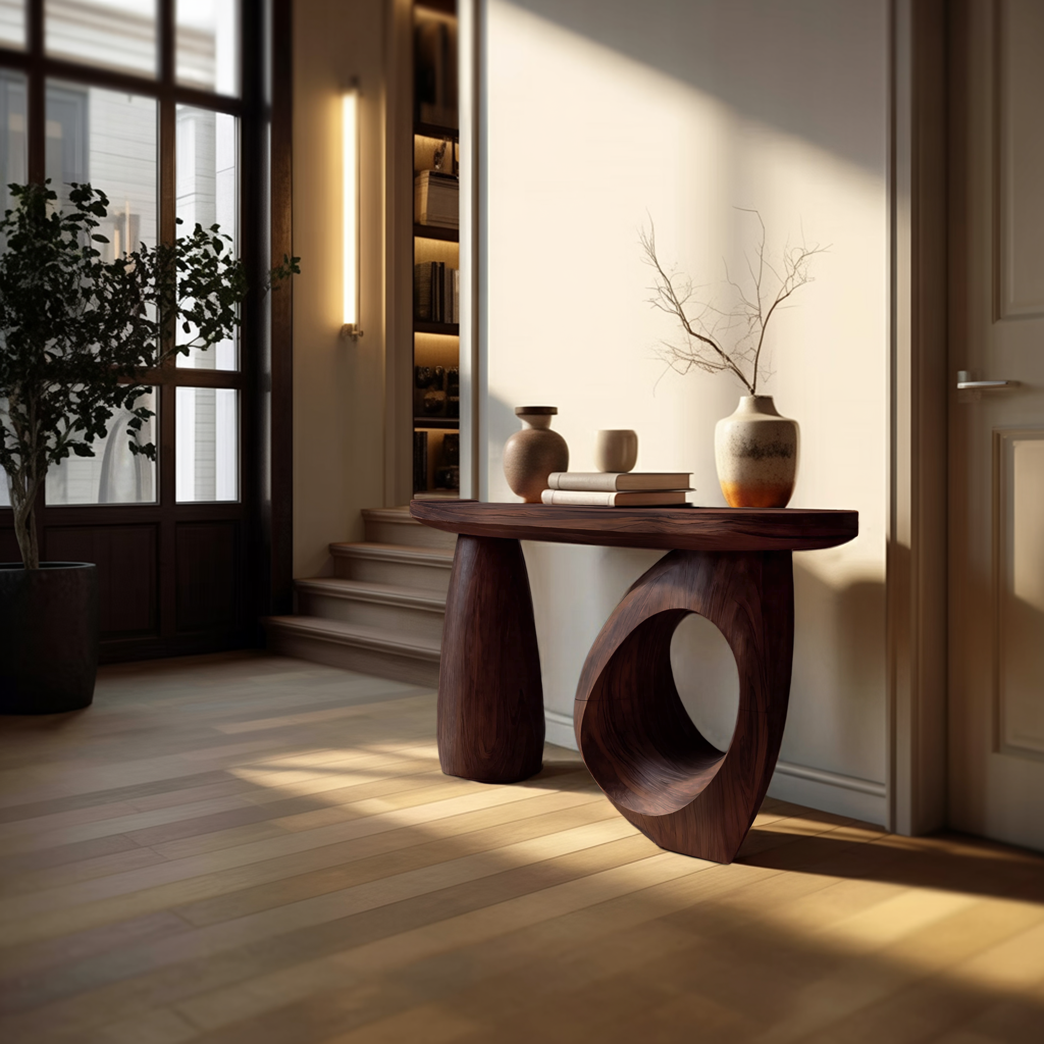 Mid Century Sculptural Live Edge Console Table For Luxury Entryway