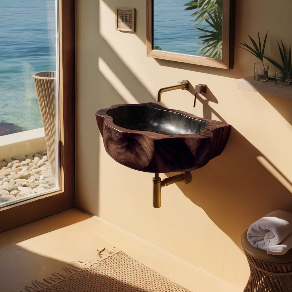 Handcrafted Wall Mounted Wooden Bathroom Sink For Natural Bathroom Decor
