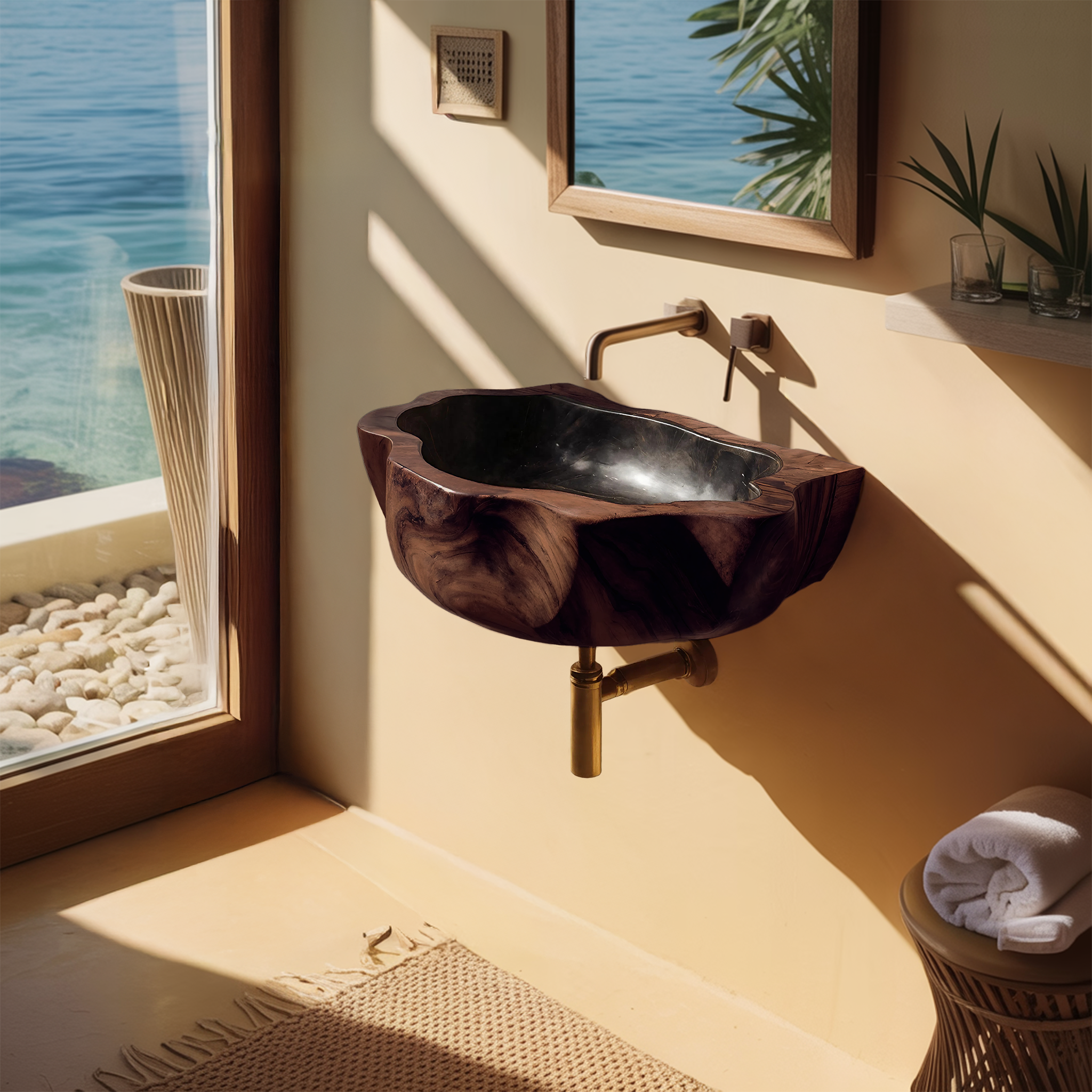 Handcrafted Wall Mounted Wooden Bathroom Sink For Natural Bathroom Decor
