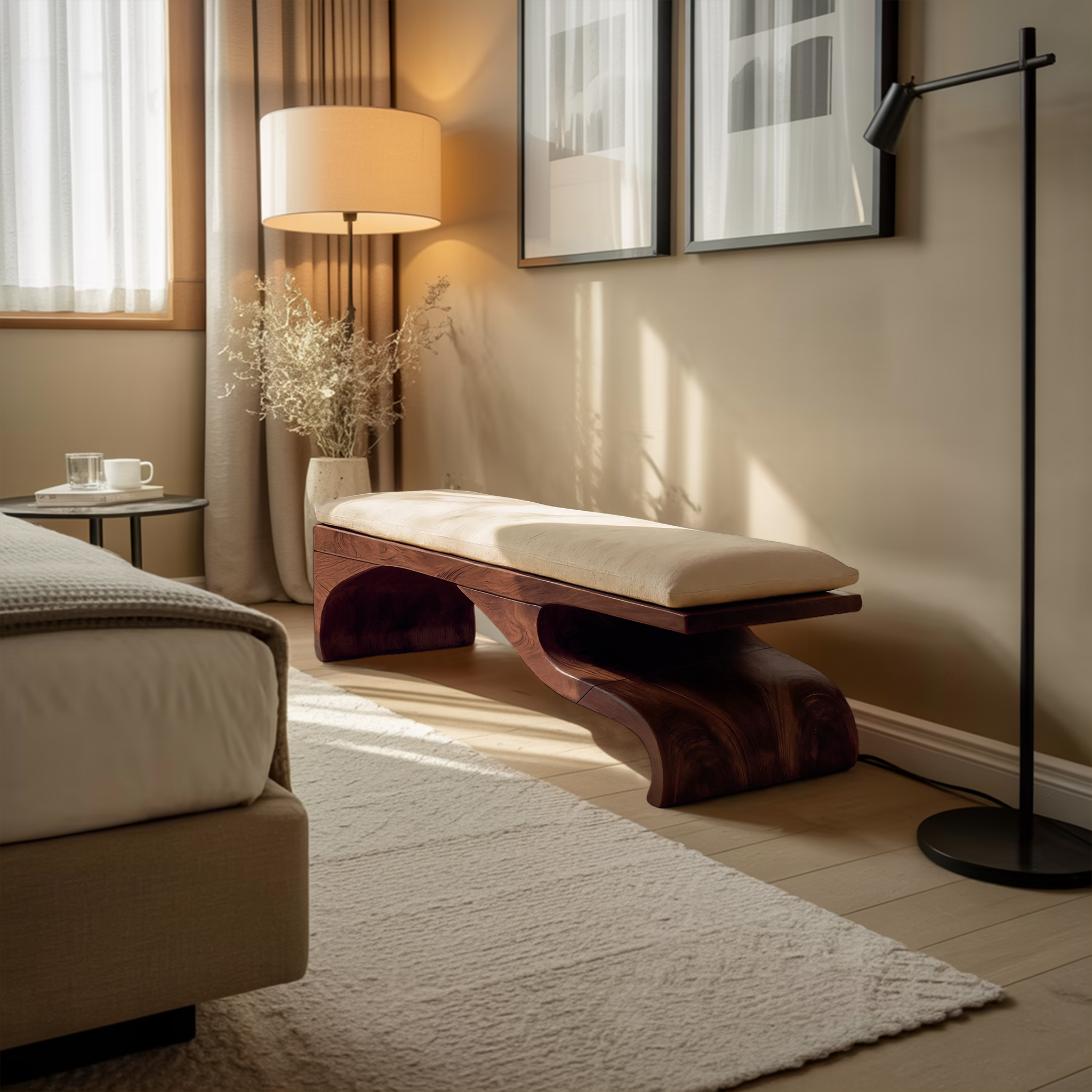 Modern Sculptural Wooden Bench For Bedroom Decor