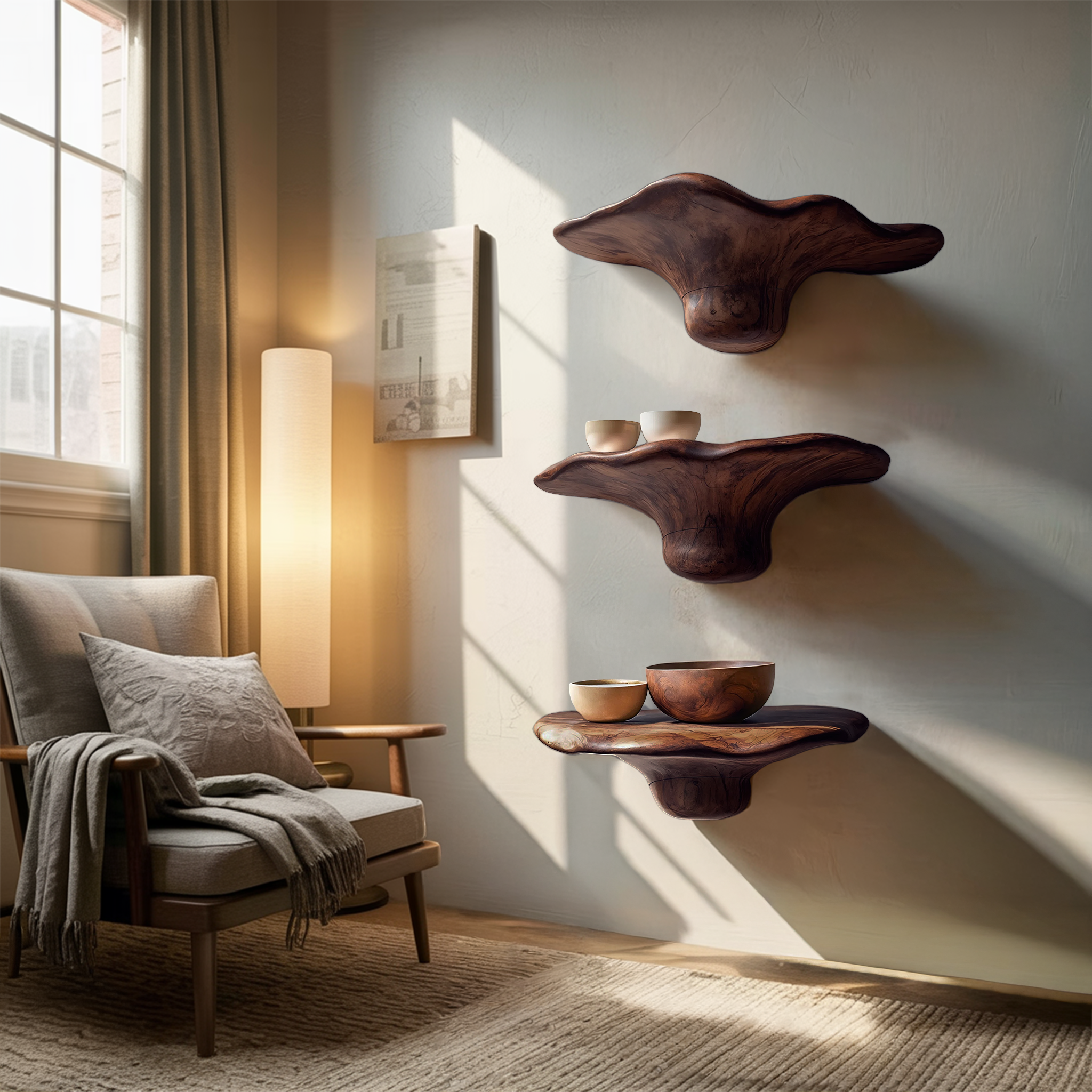 Handcrafted Solid Wood Mushroom Shelf For Bedroom Wall Decor