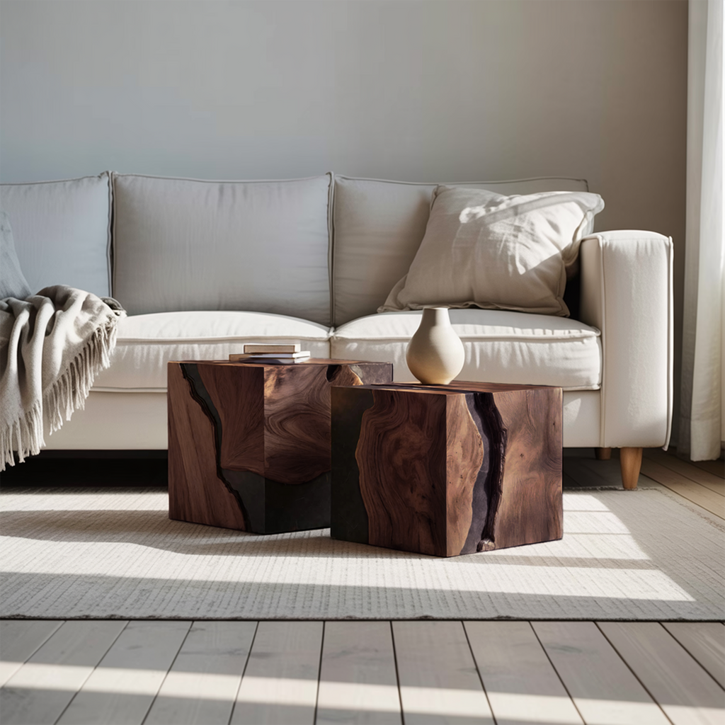 Mid Century Wooden Cube Coffee Table For Living Room Decor