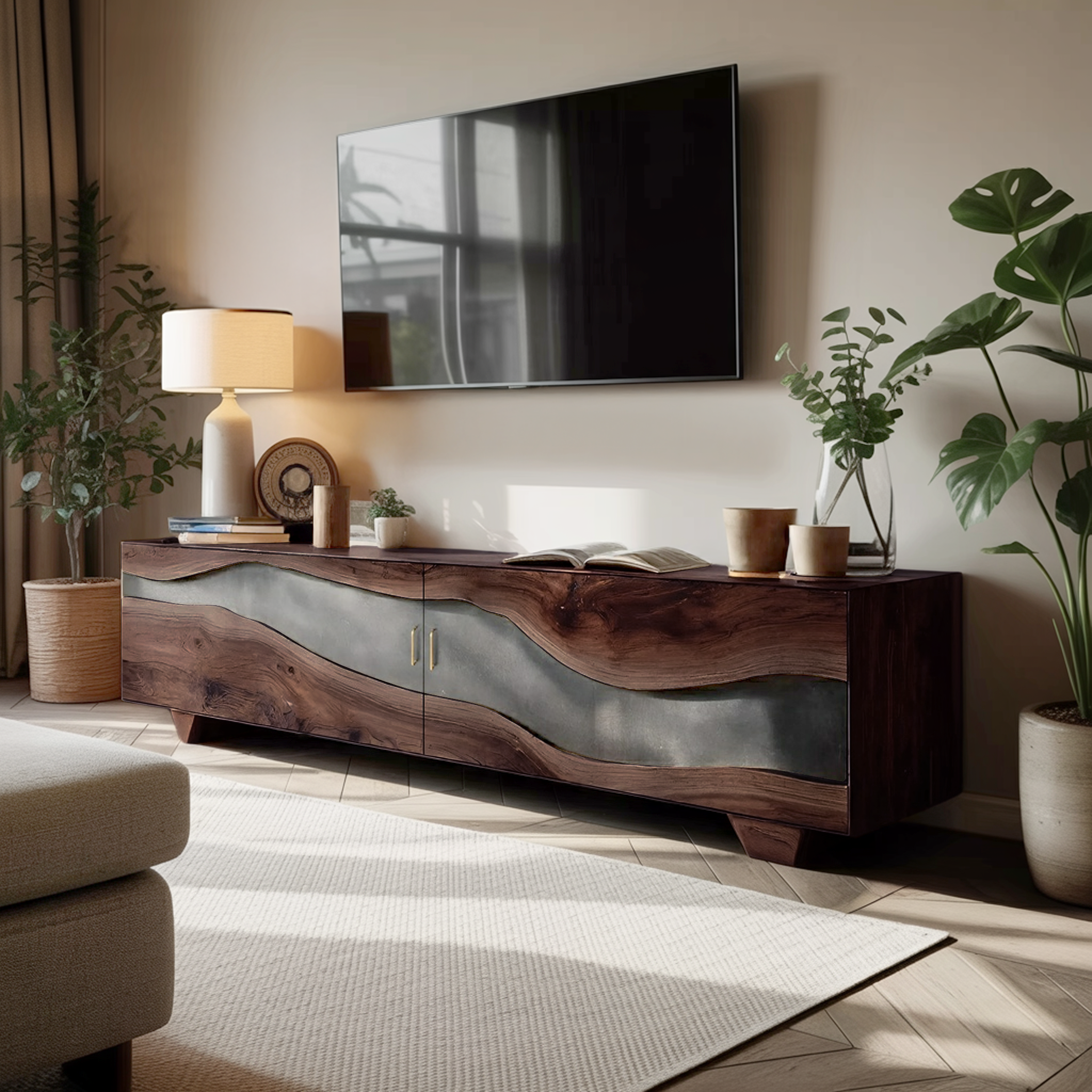 Handcrafted Natural Live Edge TV Unit For Home