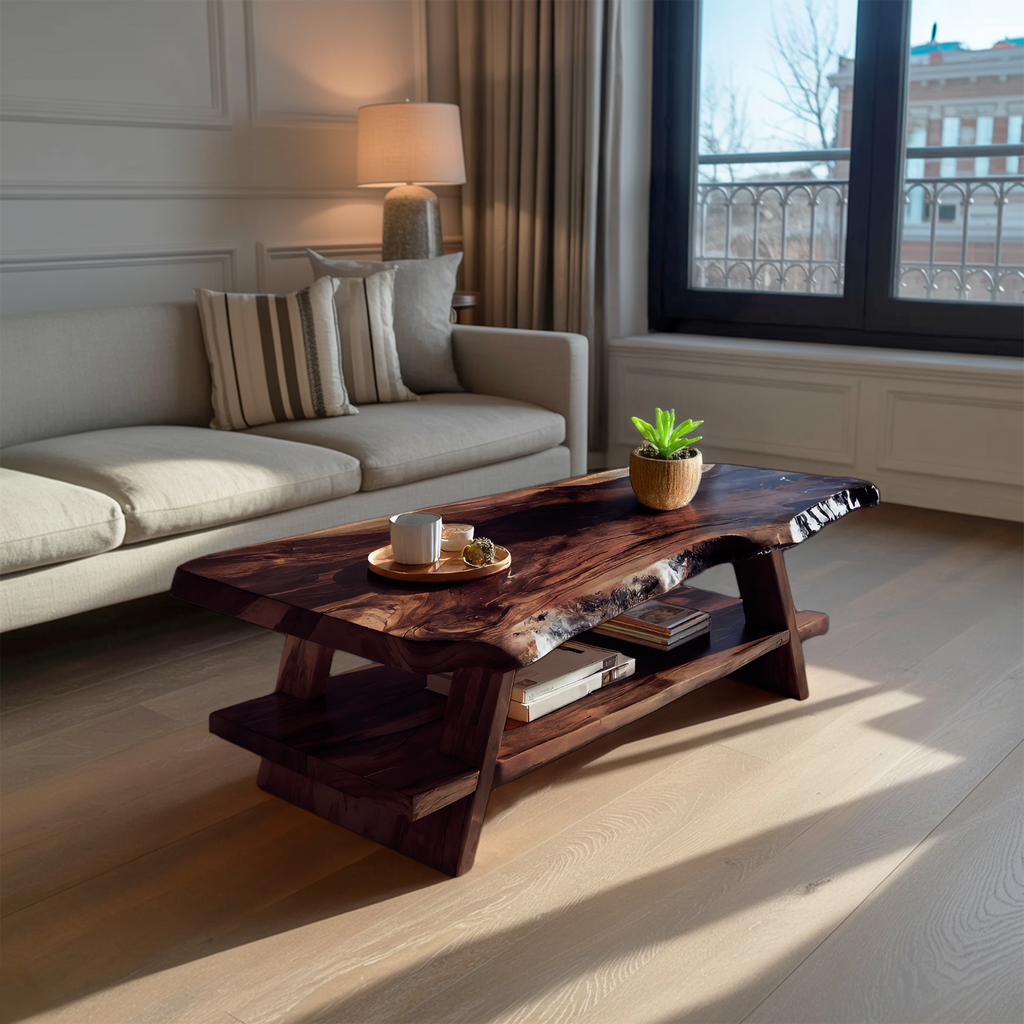 Handcrafted Coffee Table Live Edge And Lower Shelf For Living
