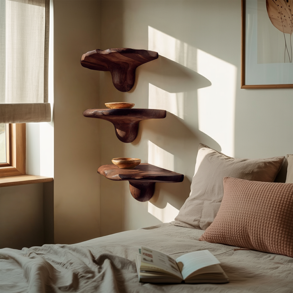 Handcrafted Solid Wood Mushroom Shelf For Bedroom Furniture Decor