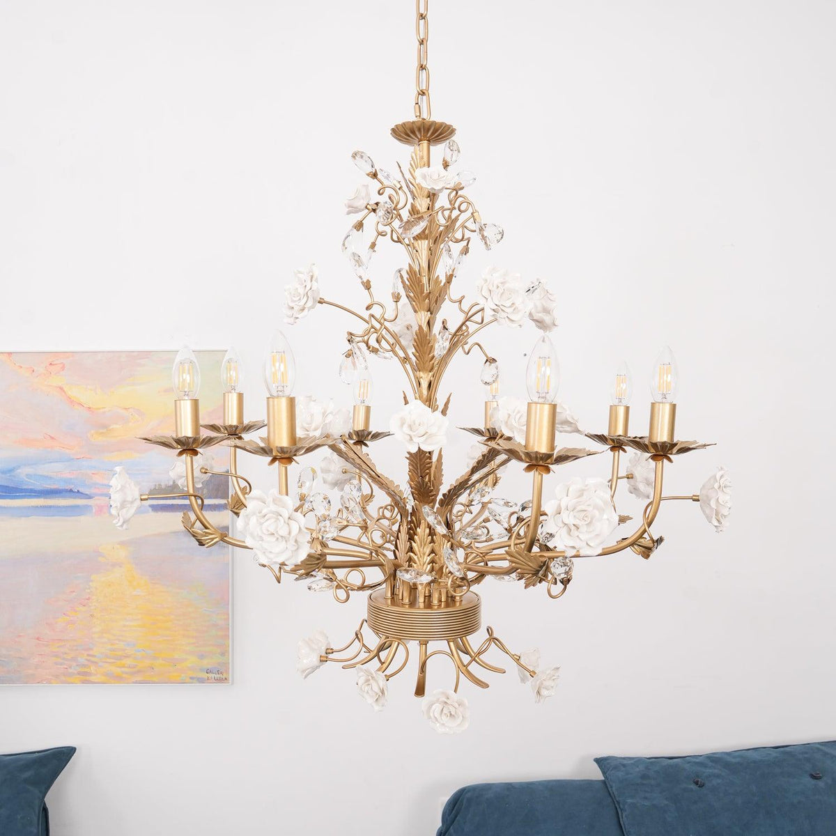White Rose Crystal Chandelier - 6 lights ∅ 22.8″ x H 24.8″Gold & Whitecasivra
