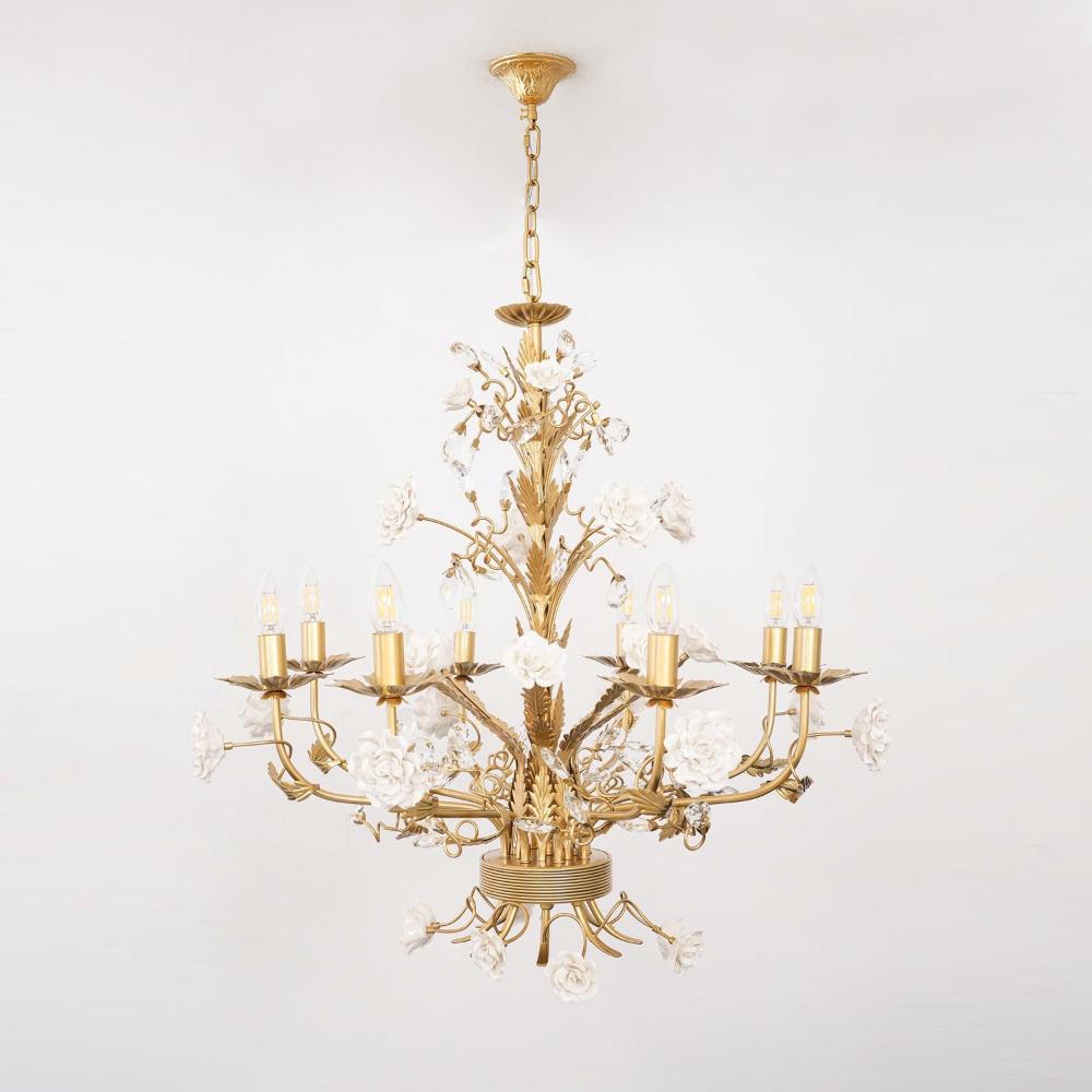 White Rose Crystal Chandelier - 8 lights ∅ 31.5″ x H 29.5″Gold & Whitecasivra