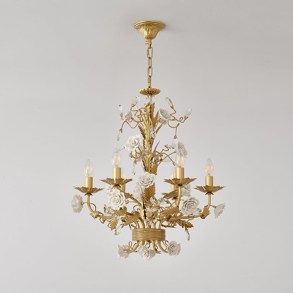 White Rose Crystal Chandelier - 6 lights ∅ 22.8″ x H 24.8″Gold & Whitecasivra