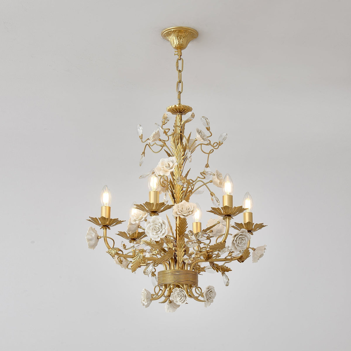 White Rose Crystal Chandelier - 6 lights ∅ 22.8″ x H 24.8″Gold & Whitecasivra