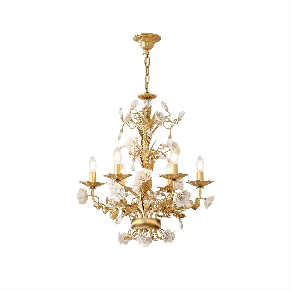 White Rose Crystal Chandelier - 6 lights ∅ 22.8″ x H 24.8″Gold & Whitecasivra