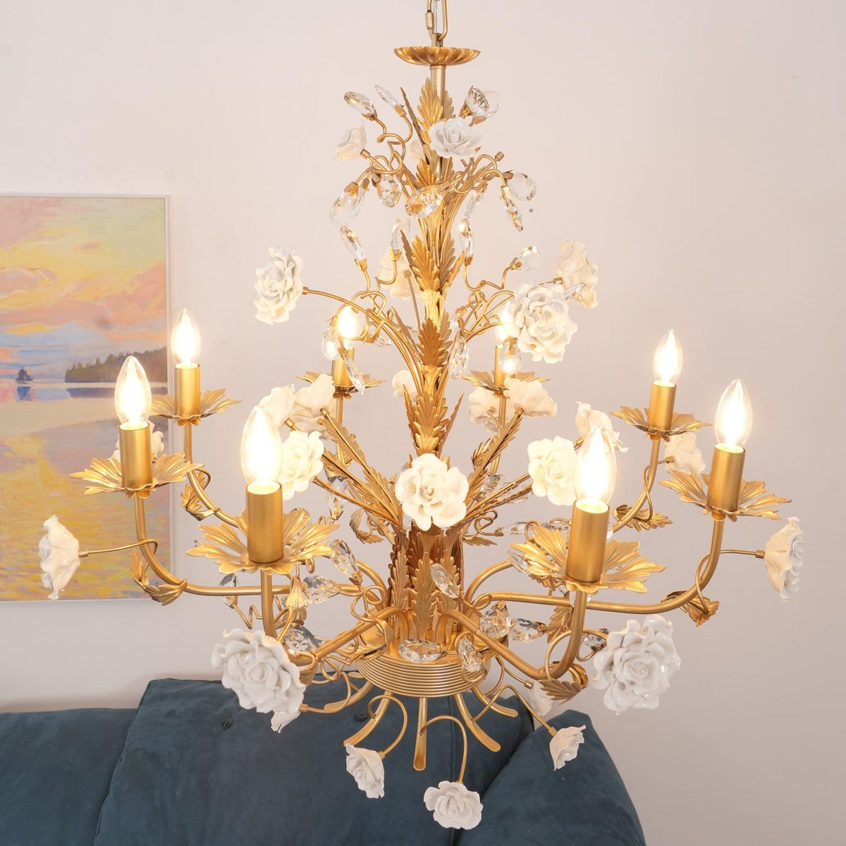 White Rose Crystal Chandelier - 6 lights ∅ 22.8″ x H 24.8″Gold & Whitecasivra