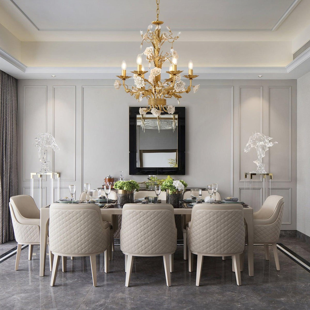 White Rose Crystal Chandelier - 6 lights ∅ 22.8″ x H 24.8″Gold & Whitecasivra