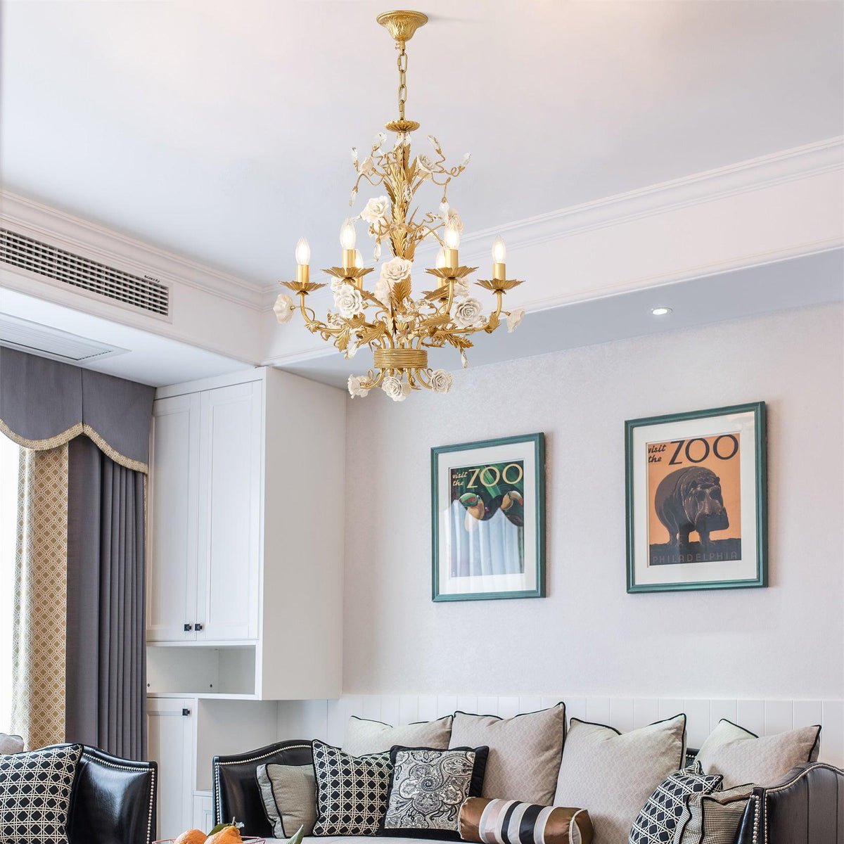 White Rose Crystal Chandelier - 6 lights ∅ 22.8″ x H 24.8″Gold & Whitecasivra