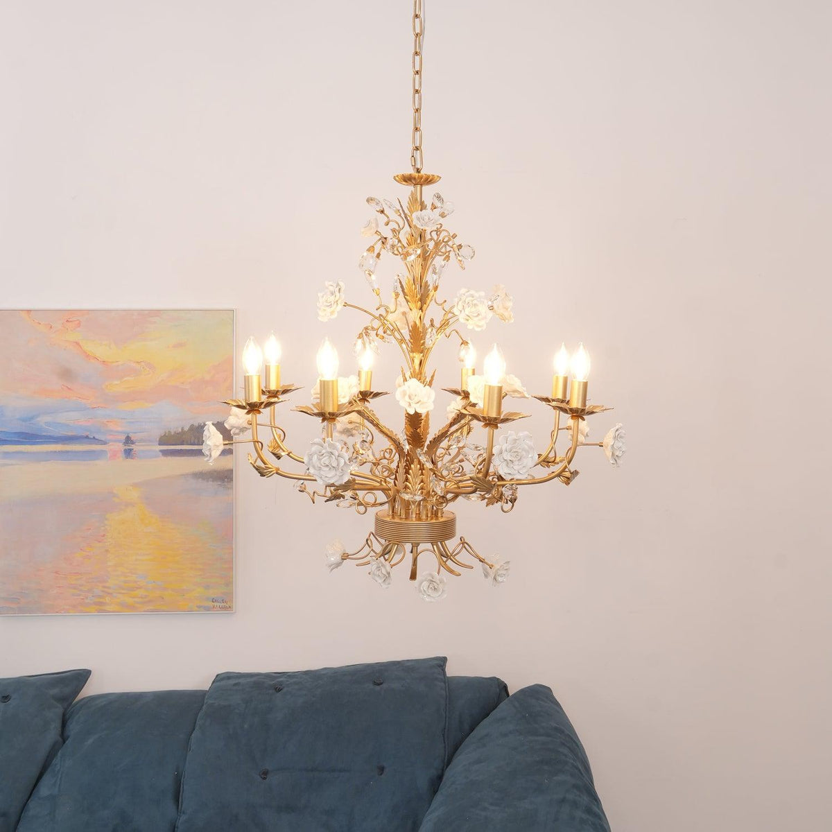 White Rose Crystal Chandelier - 6 lights ∅ 22.8″ x H 24.8″Gold & Whitecasivra