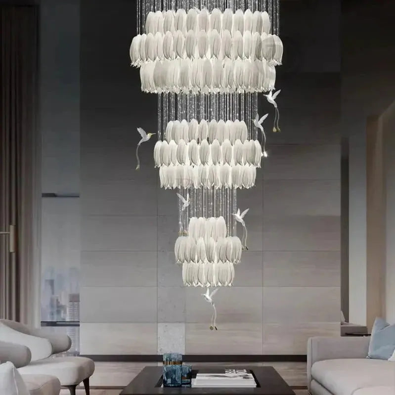 Yina White Ceramic Tulip Chandelier For Staircase-Chandeliers-casivra-casivra